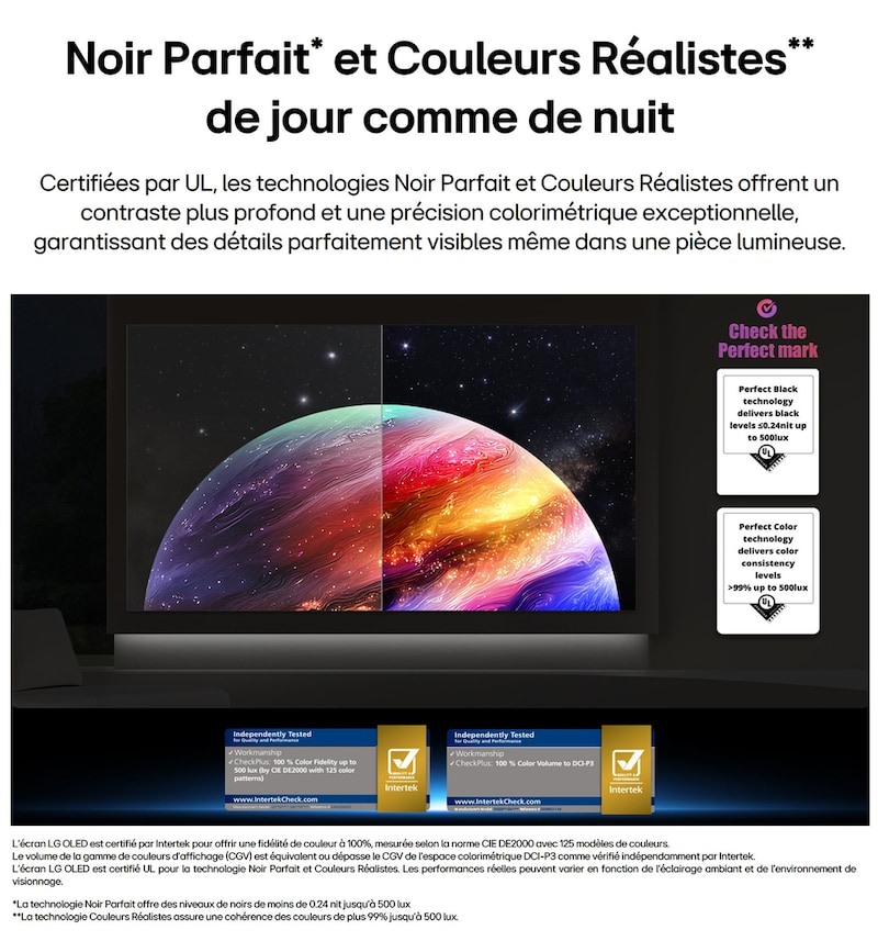 LG OLED evo AI G6 montre une scène planète et étoiles à écran partagé, comparant un écran mat anti-glare à son écran Noir parfait et couleur parfaite pour une qualité d’image plus claire sous n’importe quelle lumière, pris en charge par la certification UL et les certifications Intertek pour le volume et la fidélité des couleurs.